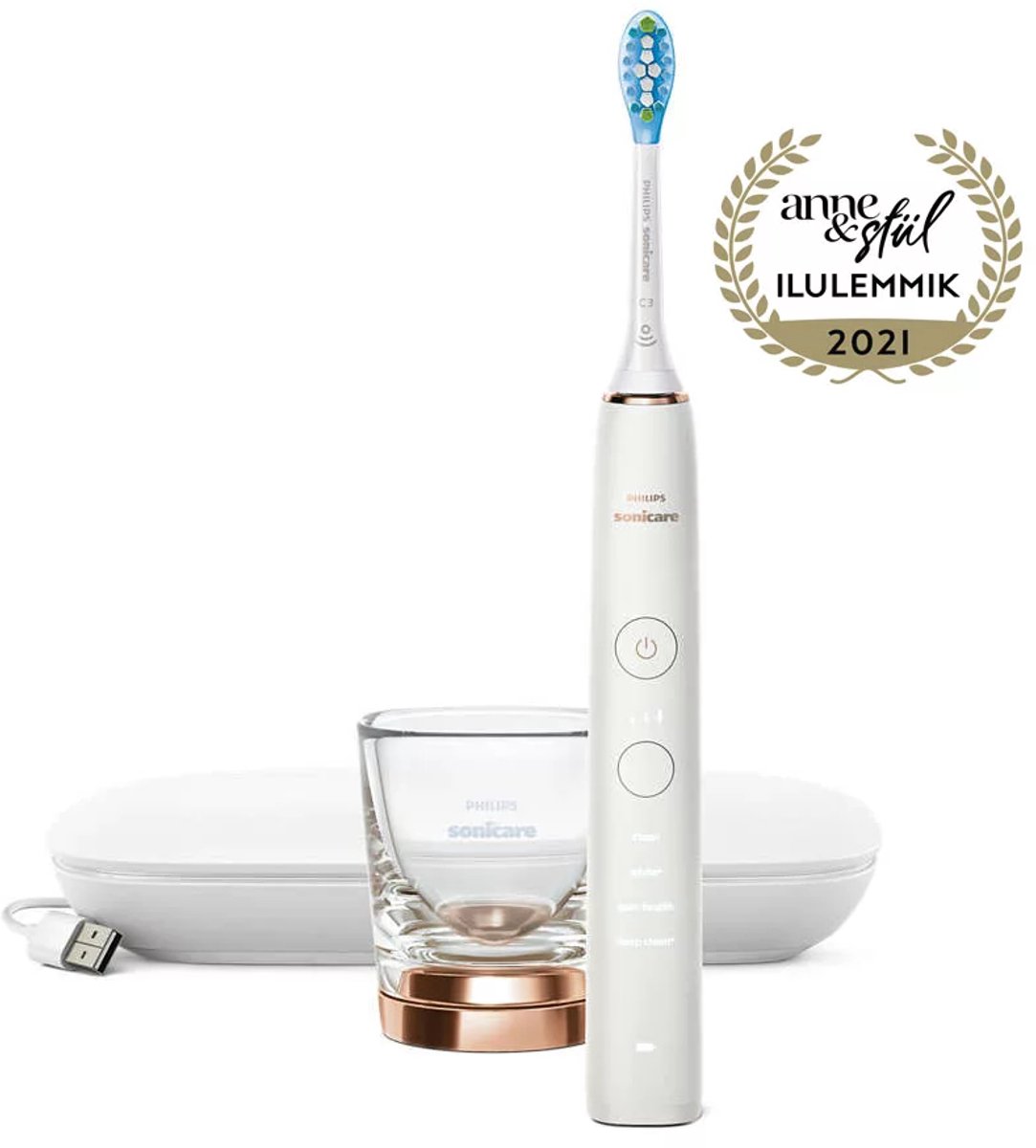 Bol.com Philips Sonicare DiamondClean 9000 - Luxe Elektrische Tandenborstel - Wit en Rose - Oplaadglas - HX9911/94 aanbieding