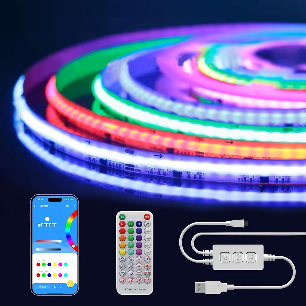 COB LED Strip RGB Smart IC Pixel Adresseerbare 2m,5V RGB IC Kleurveranderende Tapelicht met Muziek Sync APP bediening,COB-ledband Lichtketting voor Slaap,Speelkamer,DIY Feest Sfeerverlich