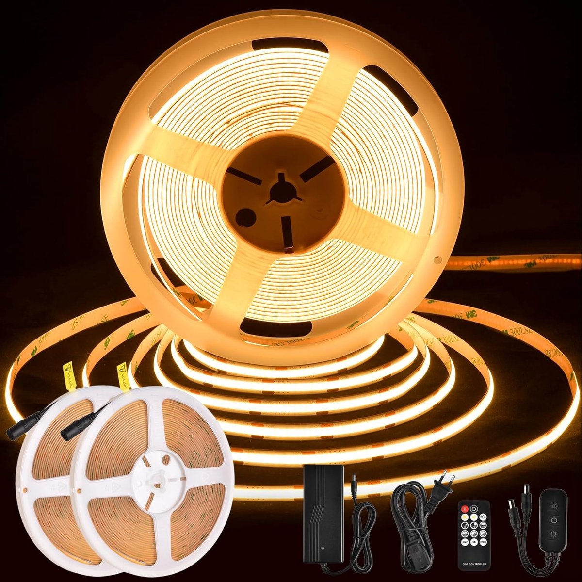 384 LEDs/m COB LED-Strip 20m Warm wit met voeding en afstandsbediening, 24V, CRI 92+, 8mm, 3000K Dimbare LED-Strip voor indirecte verlichting in slaapkamers, Woonkamerkasten, TV, 2x10m