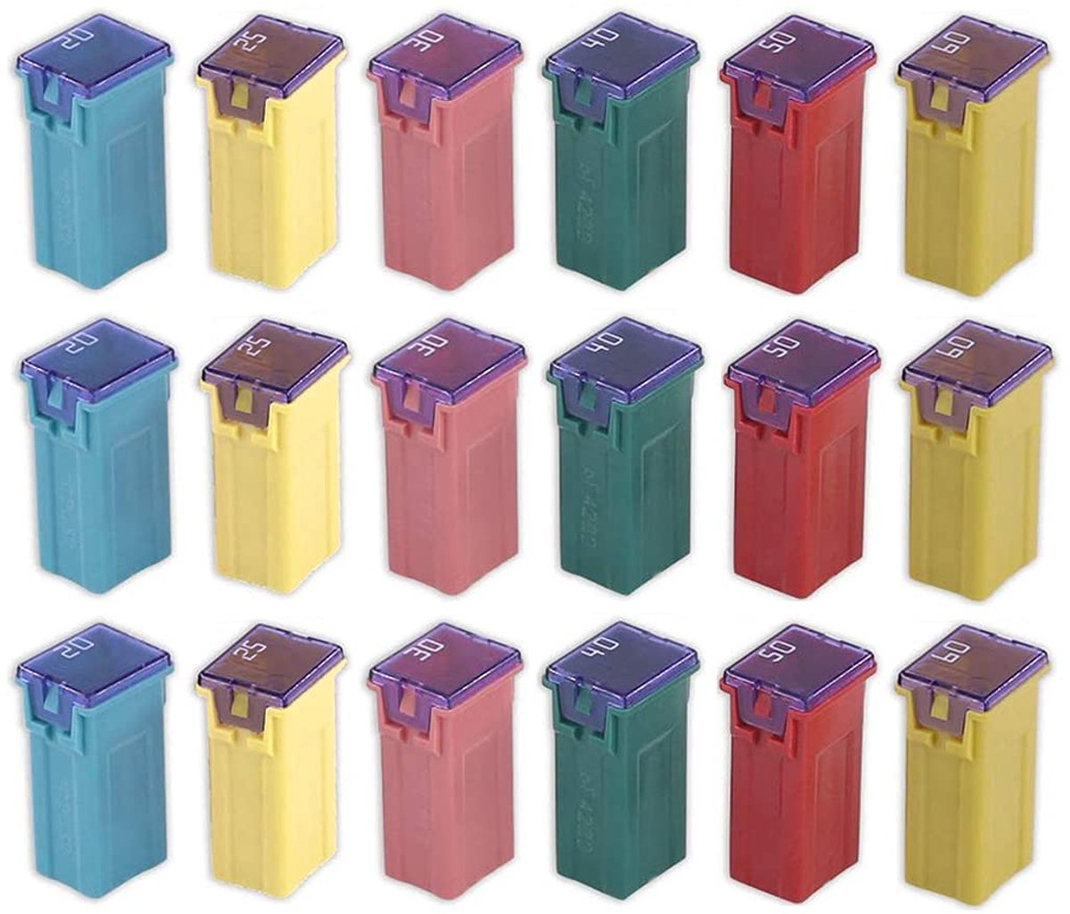 18st 12V-24V Automotive Jcase Box-vormige Assortiment Zekering Kit (20A/25A/30A/40A/50A/60A, elke 3 stuks) Compatibel voor Pick-up Trucks, Auto's