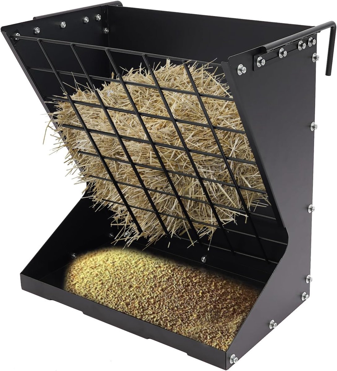 hooirui voor schapen en geiten, 2-in-1 hooi & granen/feeder, 56,61 x 33,27 x 59,94 cm, hooiruif voor verschillende stallen en koraal, zwart