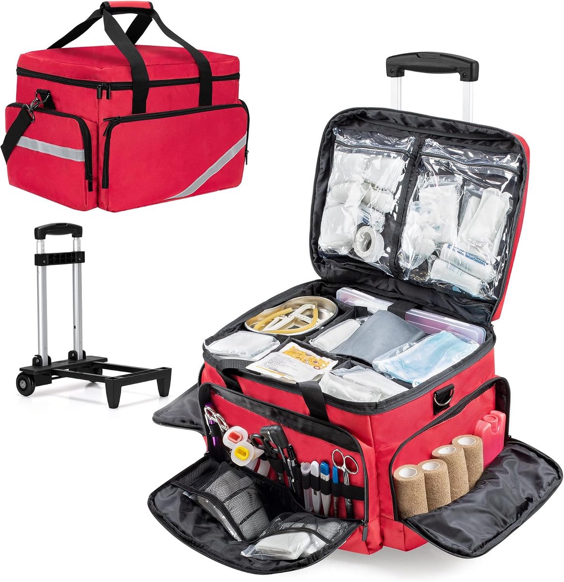 Medische tas met wielen met afneembare trolley, roltas voor verpleegkundigen met afneembare scheidingswanden, lege EHBO-tas voor artsen, EMS-professionals, rood