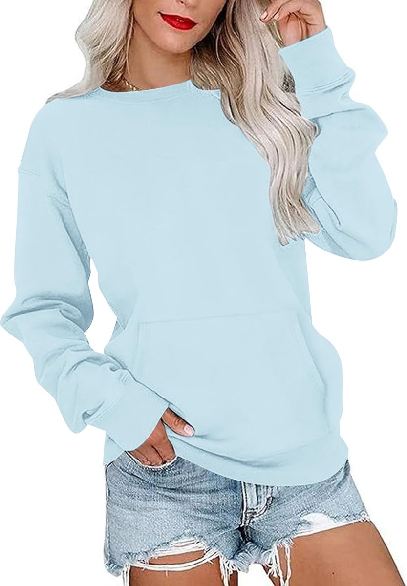 Dames Sweatshirt Basic Lange Mouwen Shirt Ronde Hals Veelzijdige Trui Herfst Winter met Zakken