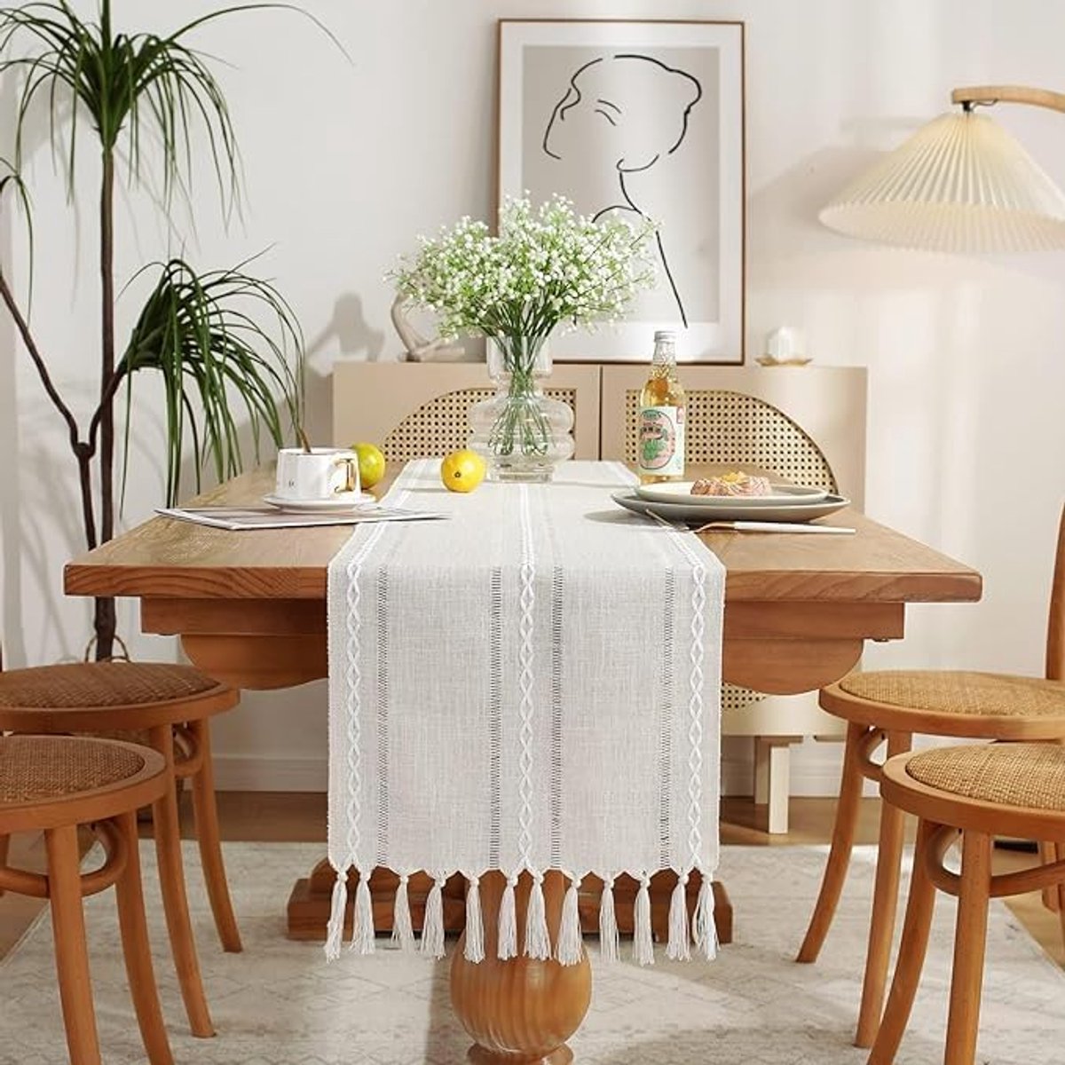 Gehaakte Katoenen Linnen Tafelloper Ivoor Wasbaar | 150 cm, geweven ajoursteek, met handgemaakte kwastjes, ideaal voor eetkamer, keuken, feest en desserttafeldecoratie