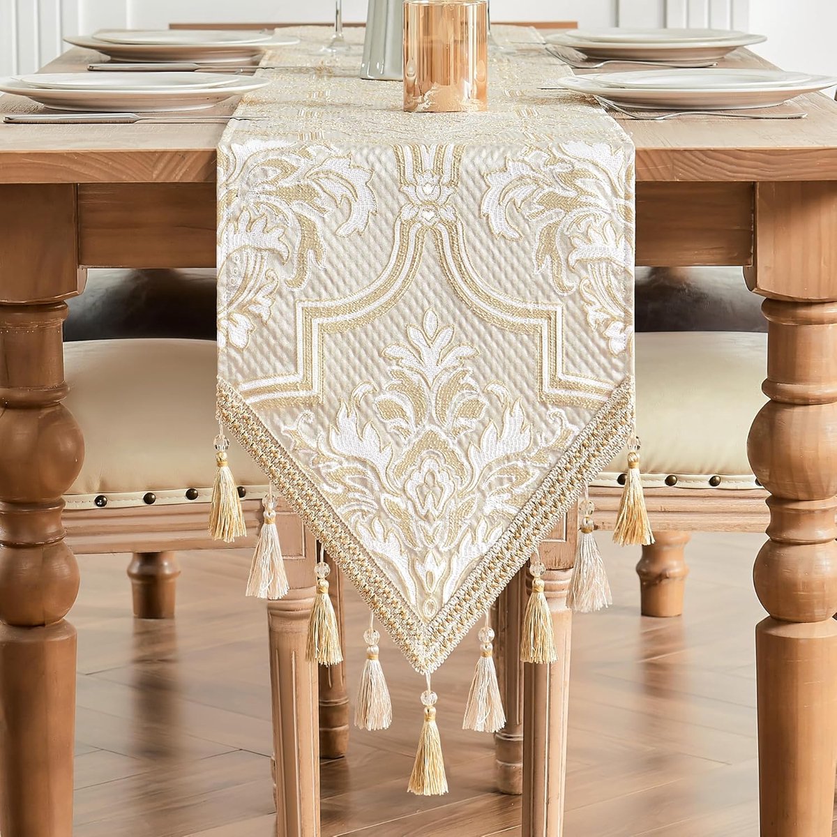 Tafelloper met Kwastjes, Dubbellaags Damast Tafelkleed voor Eettafel/ Eetkamer/ Restaurant/ Festivaldecoratie (33x228 cm, Wit & Geel)