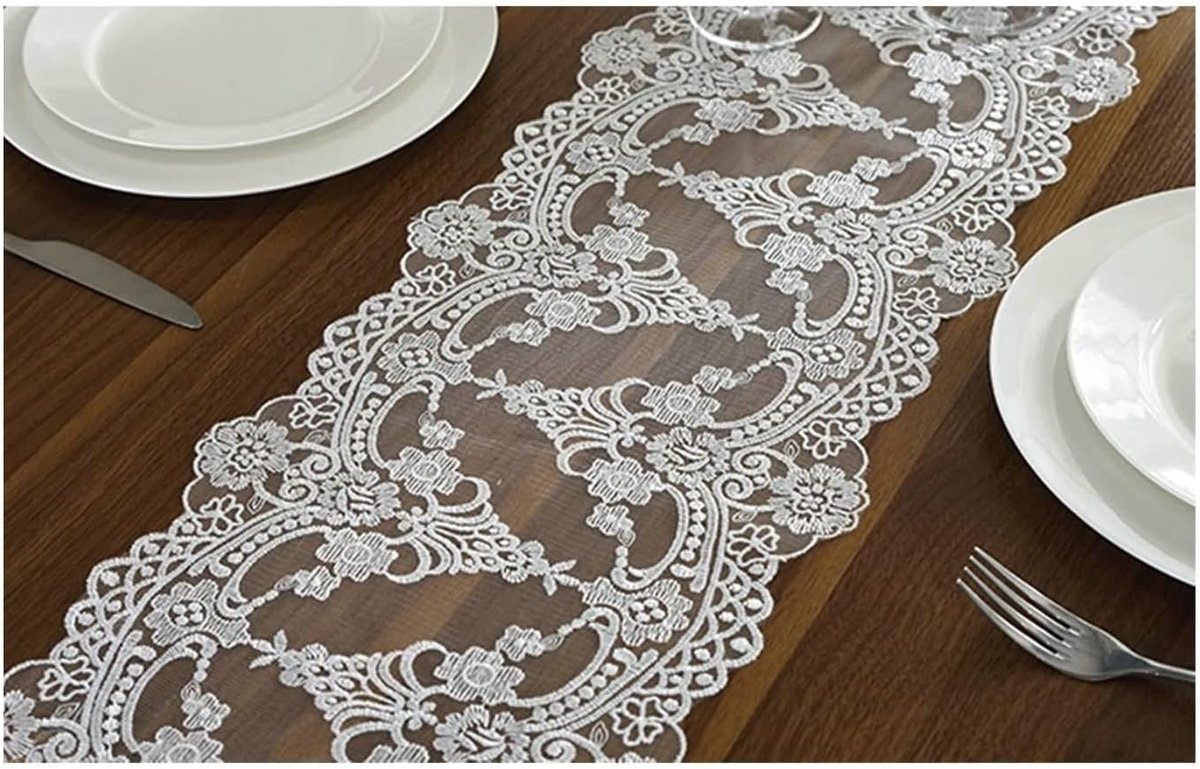 Tafelloper, tafelloper, modern, woonkamer, bloemenpatroon met kant, polyester, tafelloper, lang, tafeldecoratie wit, 26 x 180 cm