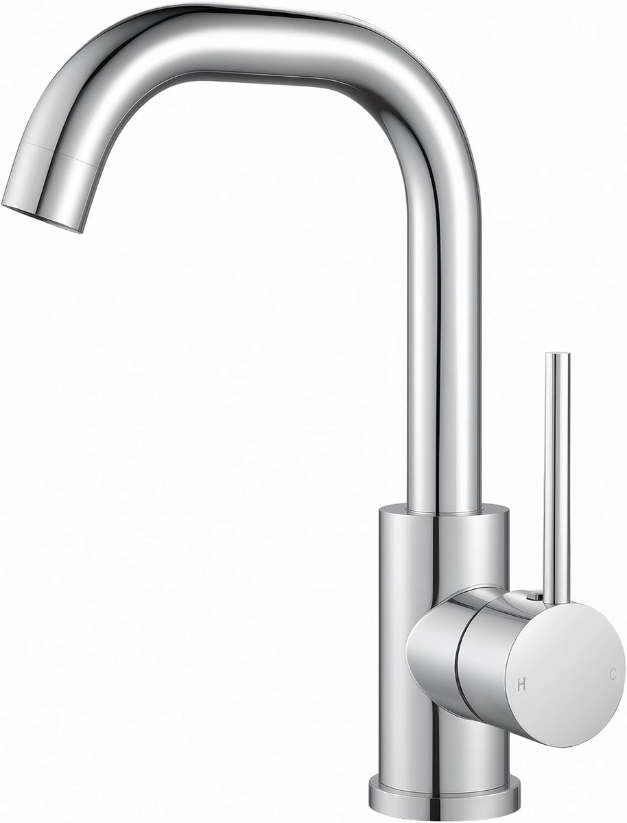 Kraan bad hoog, 360° draaibare wastafelarmatuur roestvrij staal, chroom | Kraan wastafel voor badkamer, 180 mm uitloophoogte, eengreepsmengkraan voor warm en koud water, draaibare uitloop, G3/8