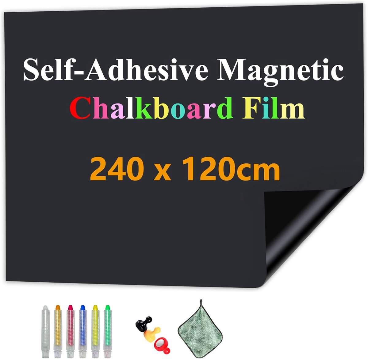 Magnetische zelfklevende schoolbordfolie voor de wand 240 x 120 cm | Schoolbordsticker, geschikt voor magneten, met stofvrije krijtjes, wisser en magneten, voor school, kantoor en thuis