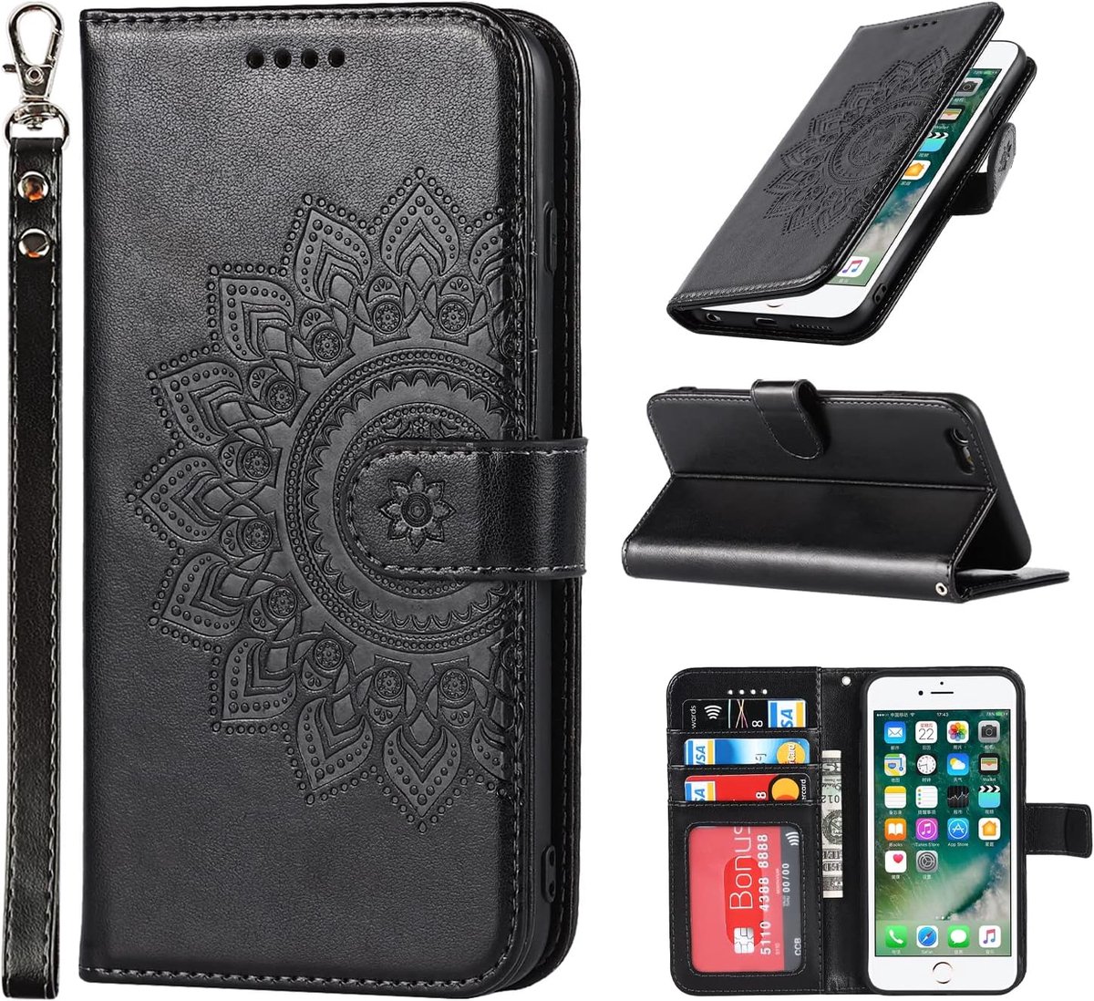 Case Compatibel met iPhone 7/8/SE2020/SE2022 Hoesje voor iPhone 7/8/SE2020/SE2022,leren telefoonhoesje klaphoes kaartenvakjes en standfunctie Case voor iPhone 7/8/SE2020/SE2022 (zwart)