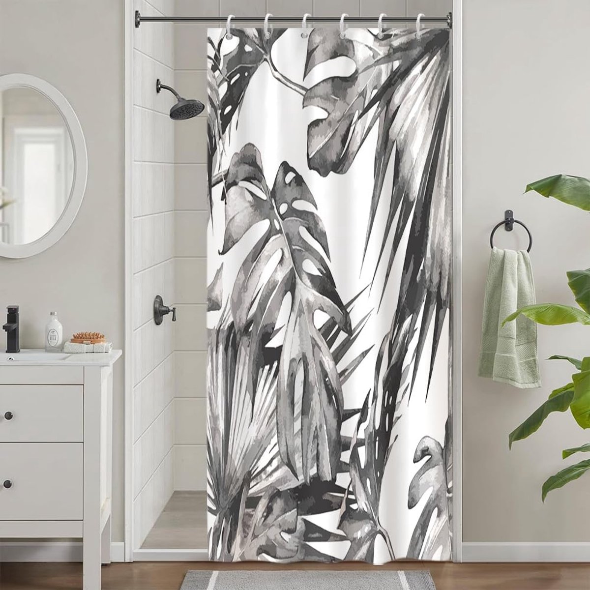 Douchegordijn, schimmelbestendig, klein douchegordijn, 90 x 180 cm, grijs, tropisch, palmbladeren, jungle, badgordijnen, waterdicht, wasbaar, polyester, badgordijnen met 6 haken