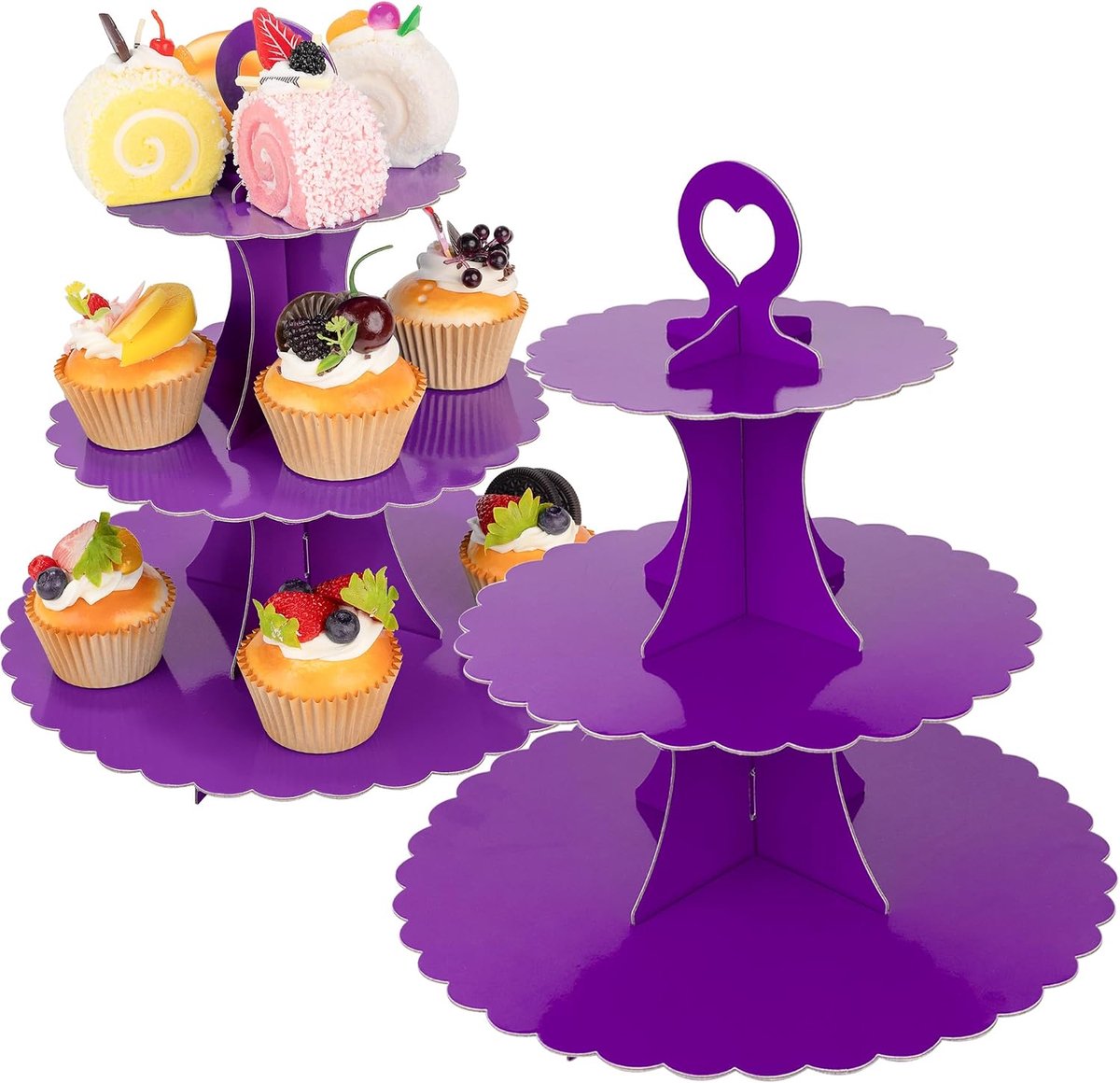 Cupcake-standaard met 3 niveaus, set van 2 stuks, dessertbeker, taartstandaard, torenpapier, ronde taartweergave, serveerplaat voor verjaardag, doop, wegwerpgebakhouder voor verjaardag, bruiloft