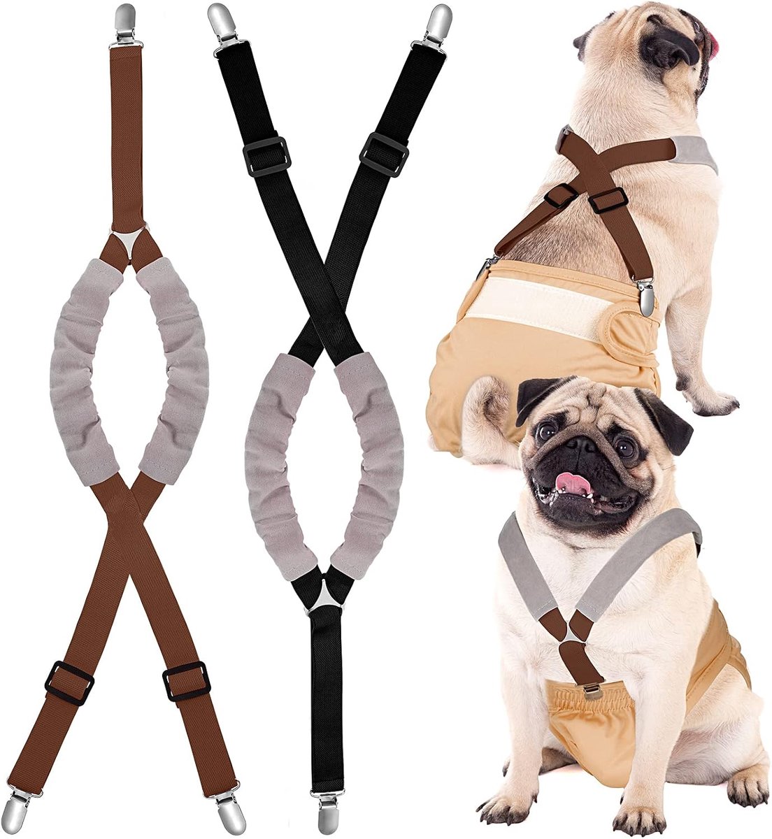 Set van 2 bretels voor hondenluiers, mannelijk of vrouwelijk, harnas om luier op je huisdier te houden, geschikt voor kleine, middelgrote en grote honden (zwart, bruin, M)