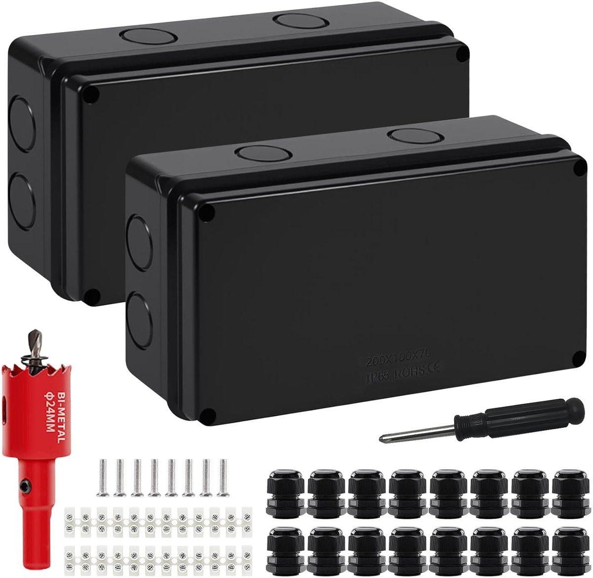 Aansluitdoos, IP65 waterdicht, 2 stuks 20 x 10 x 7 cm, verdeeldoos, opbouw, ABS-materiaal, tuin, elektrische aansluitdoos voor vochtige ruimtes, vloeren