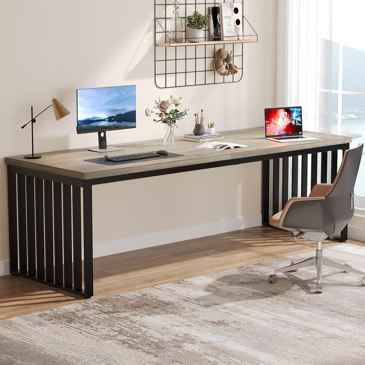 Bureau, 180 cm, grote computertafel, pc-tafel, bureautafel met robuust metalen frame, werkstation voor thuiskantoor, bureau, vergadertafel (zonder stoel) (grijs)