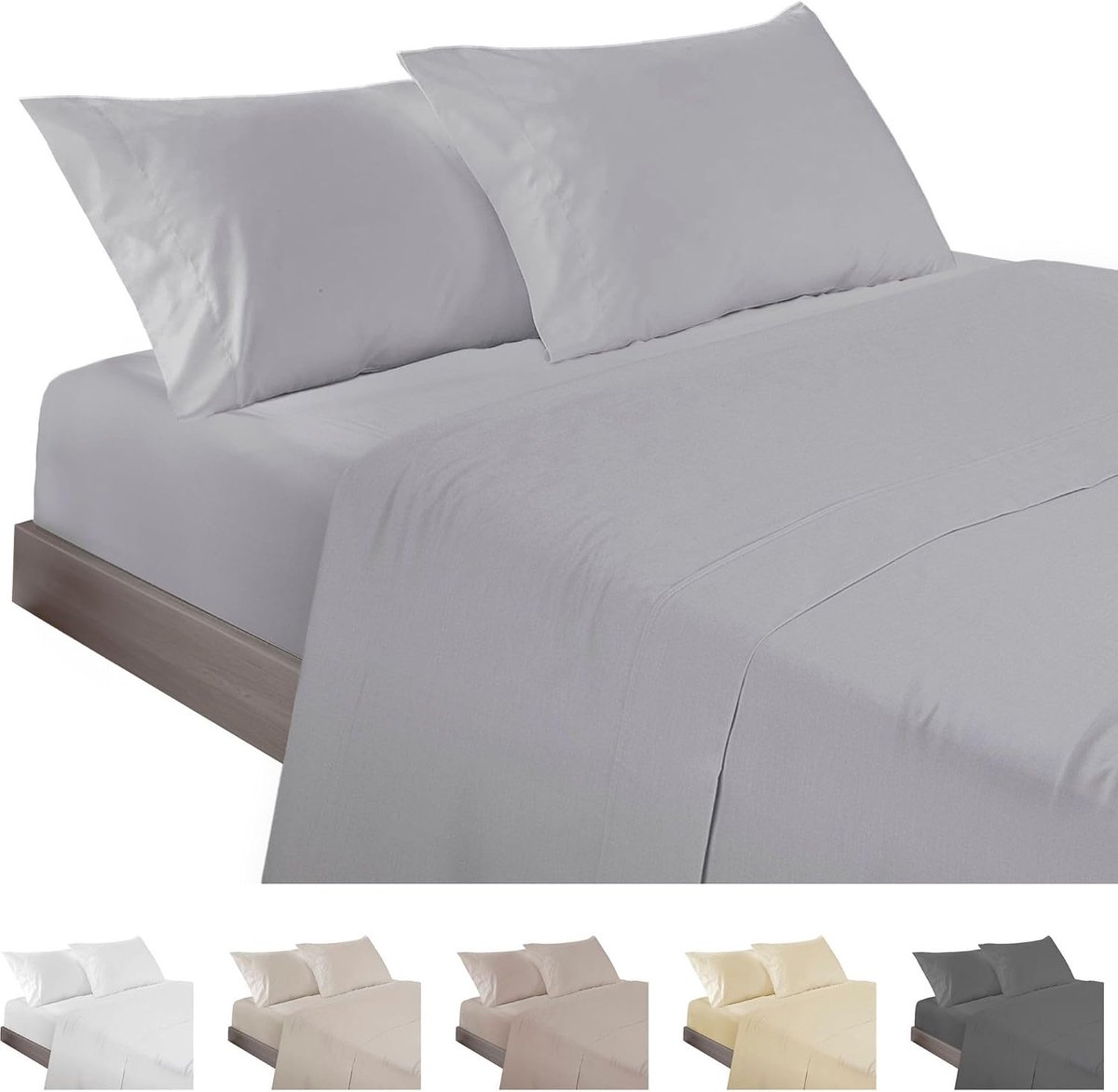 Beddengoedset, 4-delig, voor bedden van 200 cm, gemaakt in Spanje, beddengoed met hoeslaken, dekbedovertrek en 2 kussenslopen 45 x 110 cm, zilvergrijs