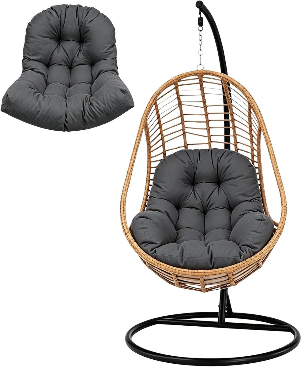 vervangingskussen, outdoor, hangstoelkussen, kussen voor eierstoel, zitkussen voor hangmand, rond zitkussen, rugkussen voor hangstoel, binnen en buiten, donkergrijs