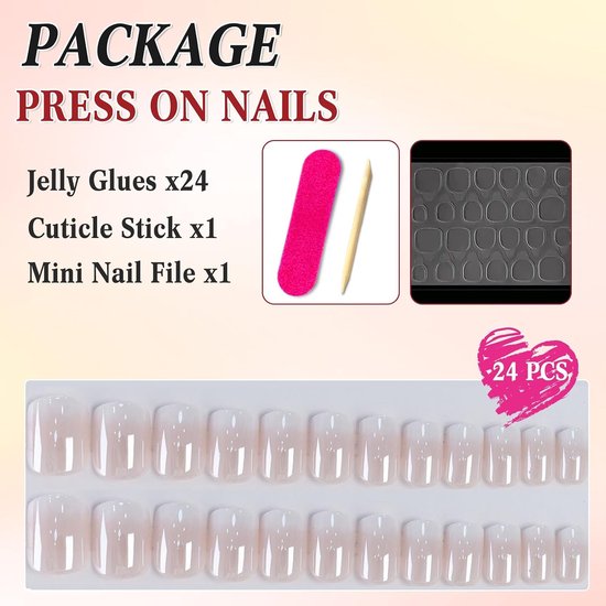 24 stuks plaknagels kort hoekig, roze wit kleurverloop French press on nails, herbruikbare natuurlijke valse nagels, ballerina acryl full cover kunstnagels zelfklevend voor vrouwen — afbeelding 3