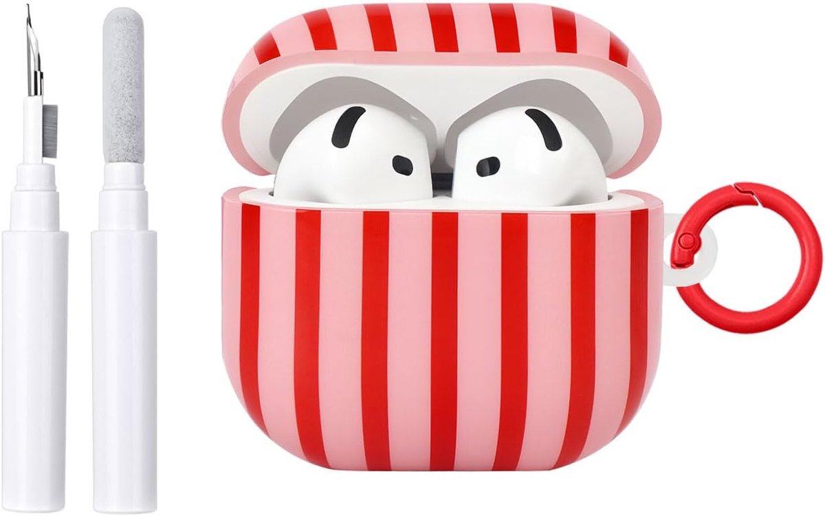 Compatibel met AirPods 4 hoes met reinigingsset, schattig gestreept patroon, esthetisch design, stootvaste en krasbestendige TPU-beschermhoes met sleutelhanger, voor vrouwen en meisjes, rood