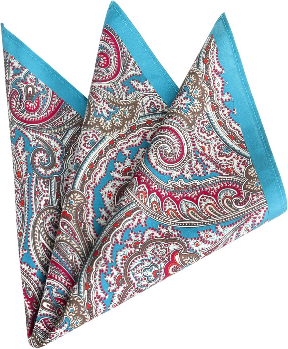 Zakdoek voor heren, zijdeachtige textuur, zachte glans, kleurrijk patroon, vintage, retro, zakelijk, bruiloften, 33 x 33 cm, wijnrood met blauwe rand en paisleypatroon