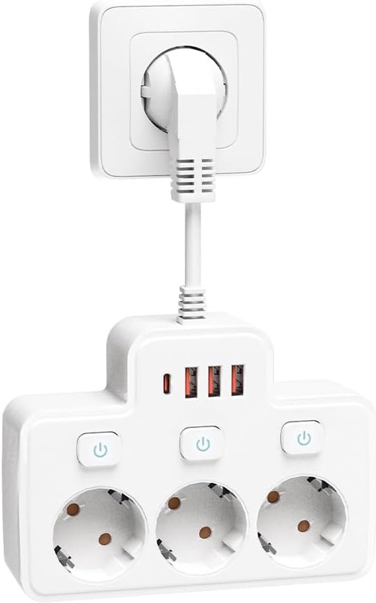 Stekkerdoos met USB, 3-voudig meervoudig stopcontact met enkele schakelaar, meervoudige stekkerdoos met 3 USB & 1 type-C (5 V, 2,1 A) voor keuken, woonkamer, slaapkamer (wit)