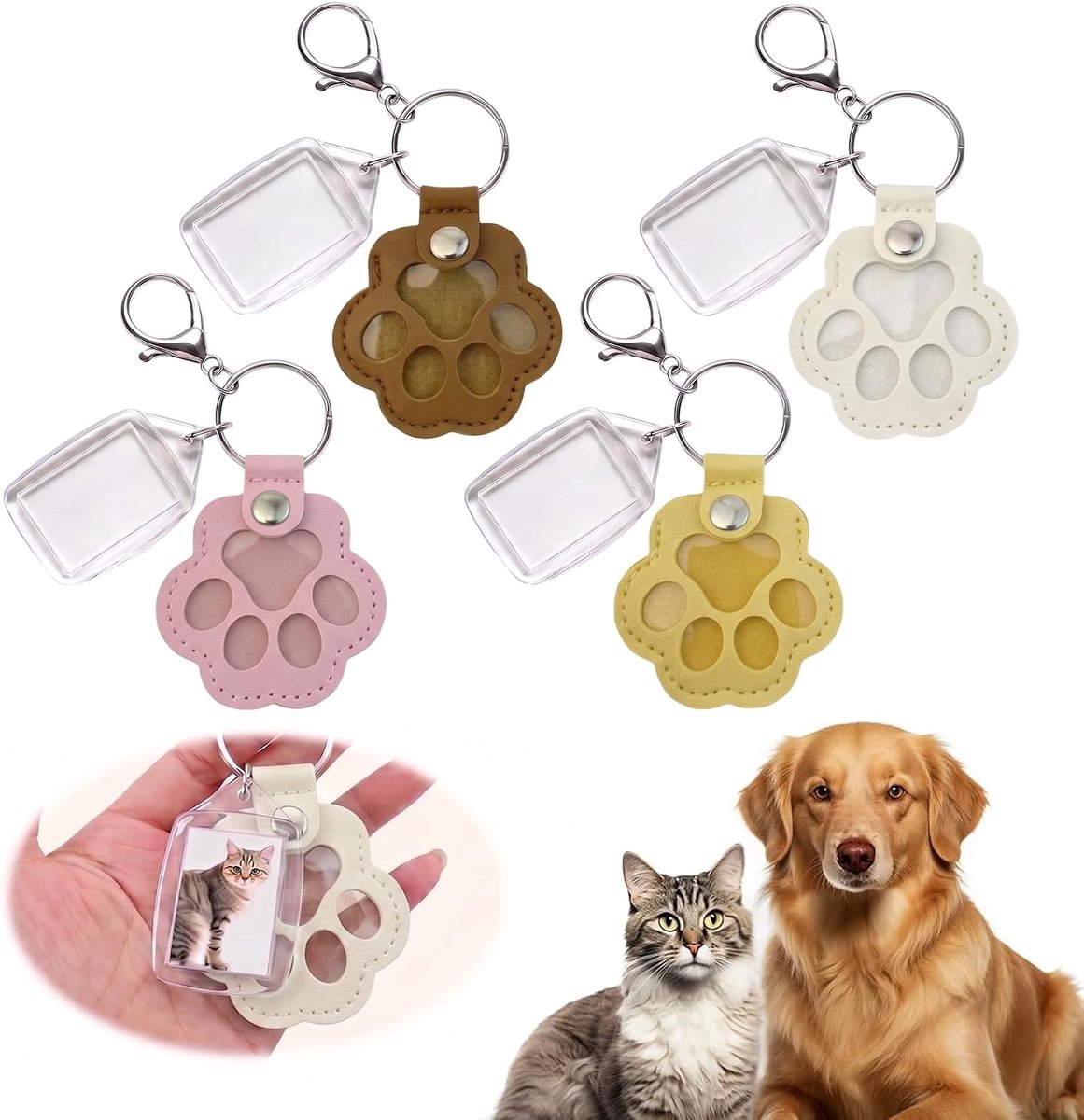 4 stuks sleutelhangers gepersonaliseerd met foto, lederen kattenpoot sleutelhanger met fotolijst om te vullen voor dierenharen, foto sleutelhanger hond kat, tashanger, cadeau