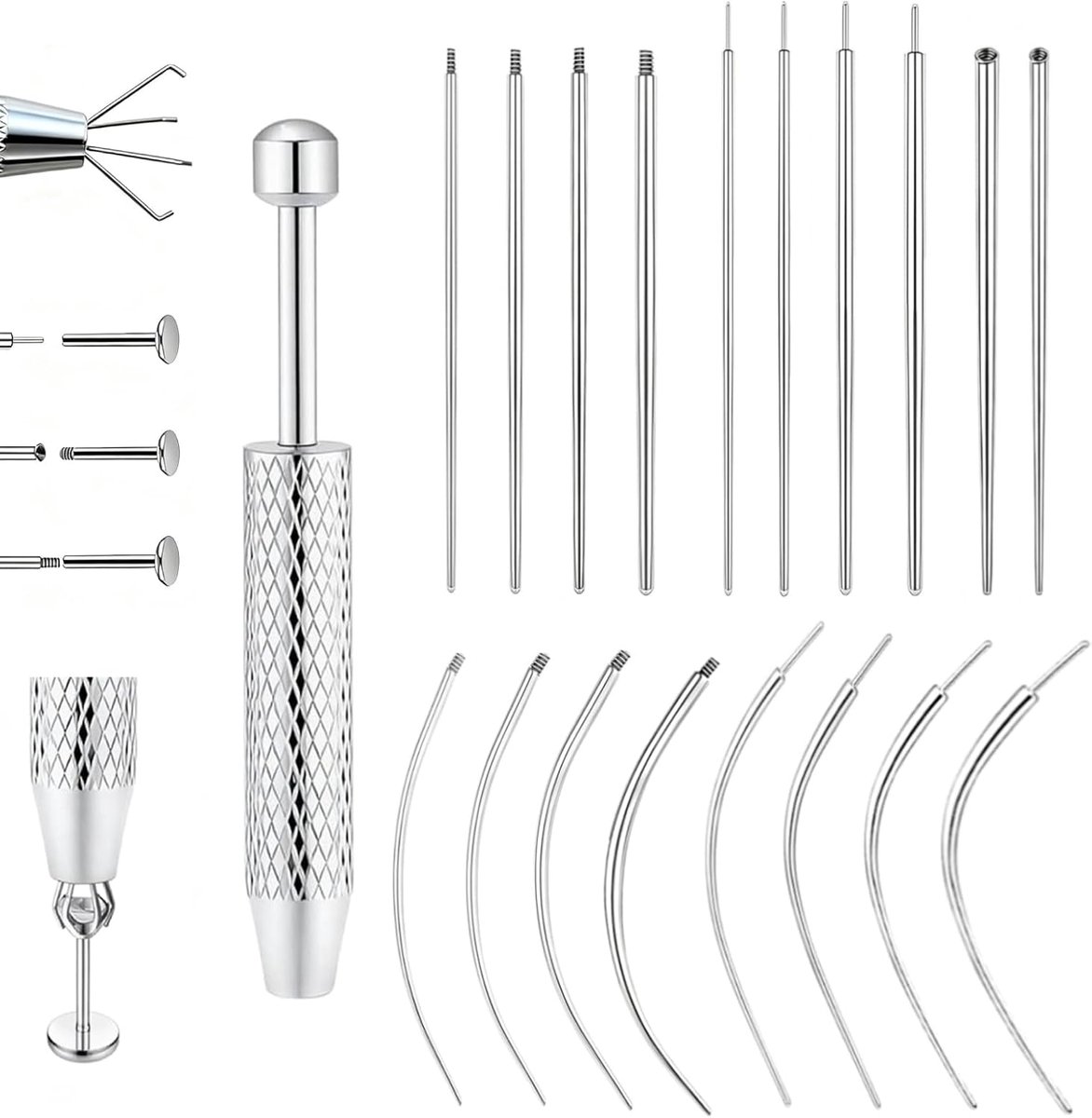 Piercing invoerhulp, 19 stuks invoerhulp accessoires, 14G 16G 18G 20G piercingnaalden en kogelopdraaier, wisselhulp gereedschap voor oor, neus, lip, buik, tong