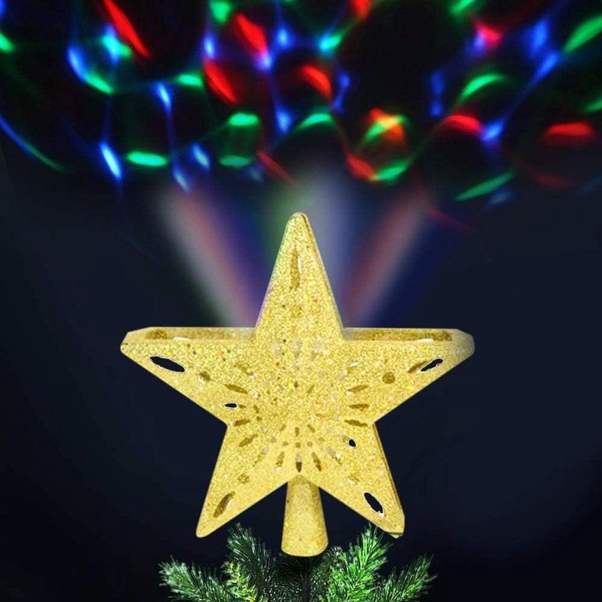 Lichtgevende Kerst Ster-punt met Spel, Veelkleurig, Reflecterend, Hoogte 25 cm, Kerstversiering Kerstboom Topper met Glitter (Goud)