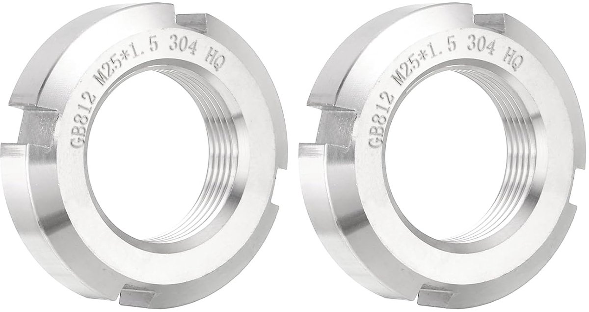 M25 x 1,5 mm, 2 bevestigingsmoeren met sleuven, rond, van roestvrij staal 304, voor verschillende rollagers, industrie, zilver