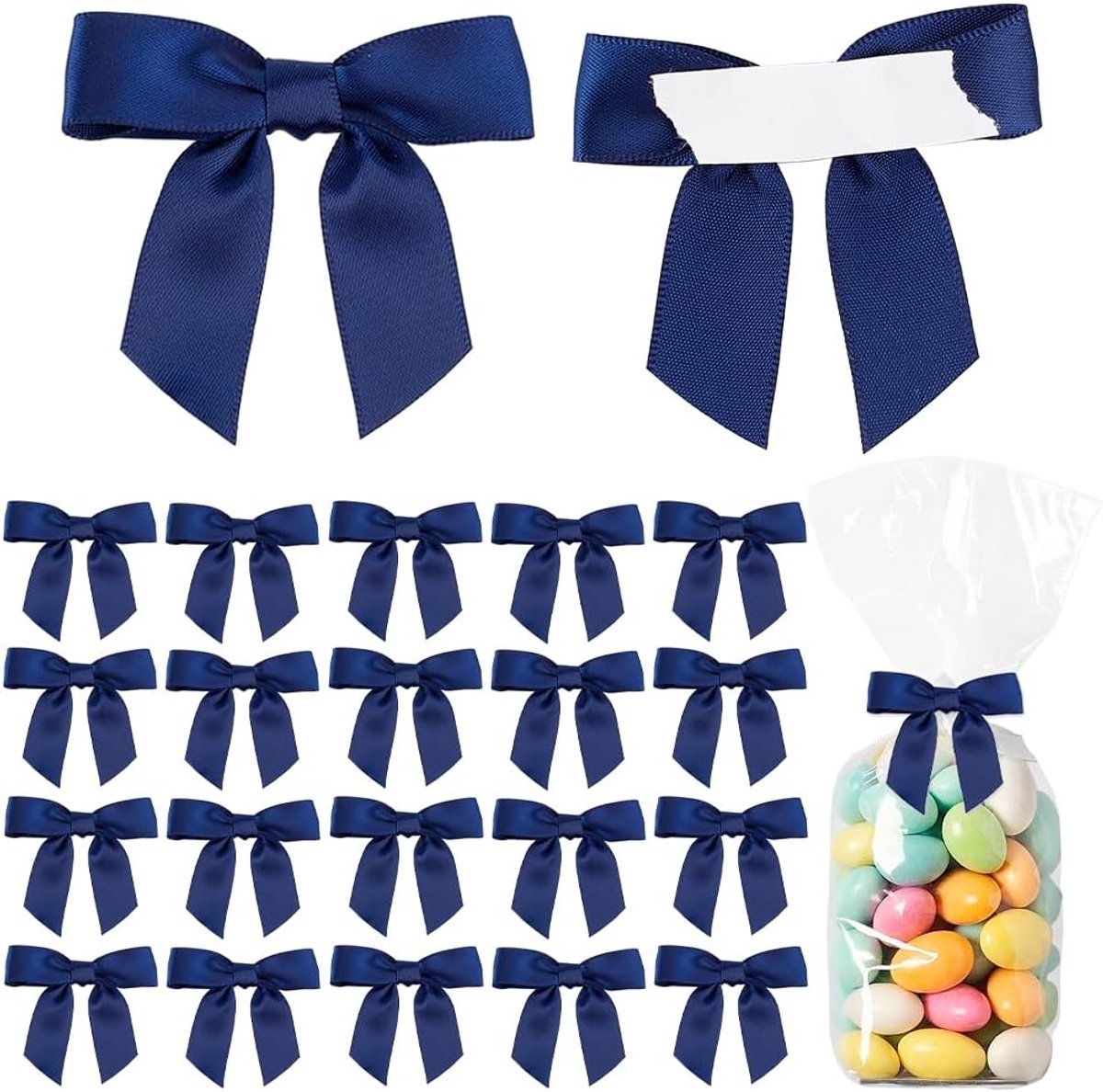50 stuks blauwe satijnen linten, twist-tie-strikken voor lekkernijen, 60 mm, mini-strikken om te knutselen, zelfklevende strik voor taart, cadeau, bruiloft, verjaardag, feest, Kerstmis