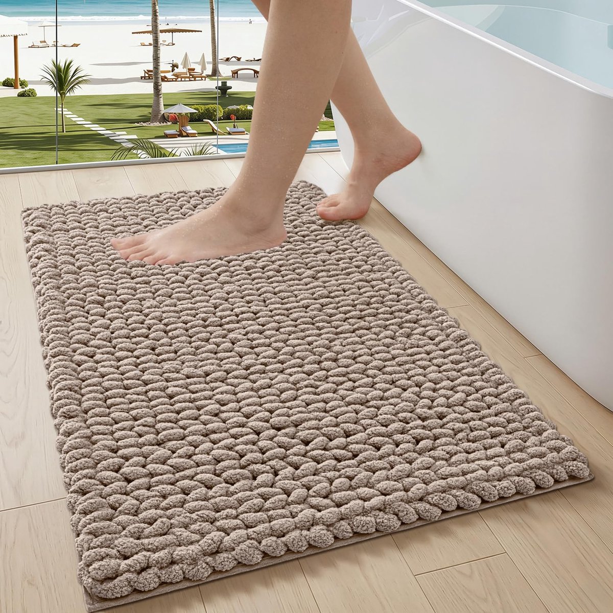 Chenille Badmat Antislip, Extra Zachte en Dikke Badkamermat, Wasbaar en Sneldrogend, Comfortabel Badkamer Tapijt voor Bad, Wastafel en Wasruimte, Beige, 60 x 110 cm