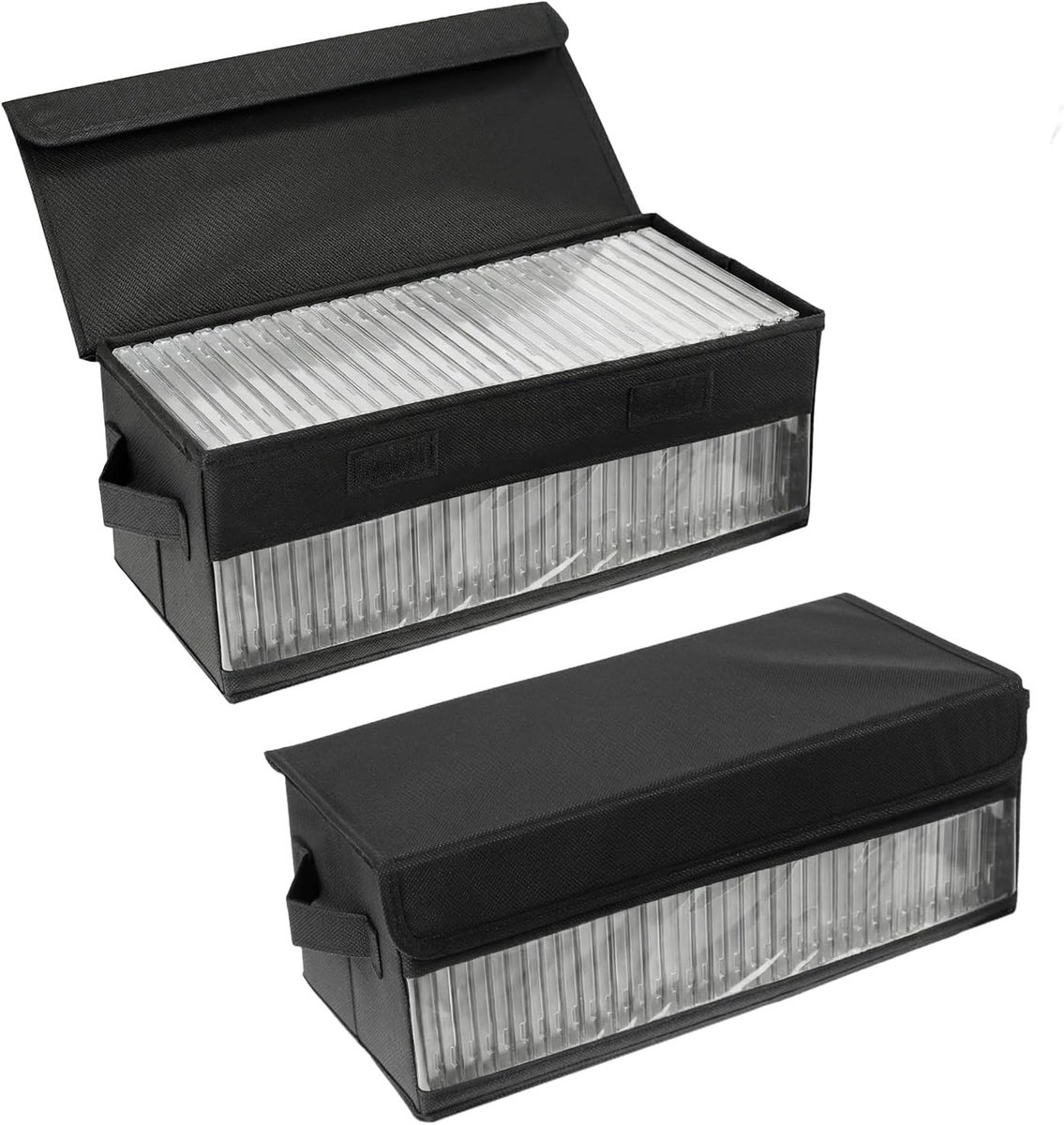 CD opbergdozen set van 2 - 36 x 14 x 6 cm - zwarte stof - transparante zijden voor eenvoudige toegang - SnelShoppen