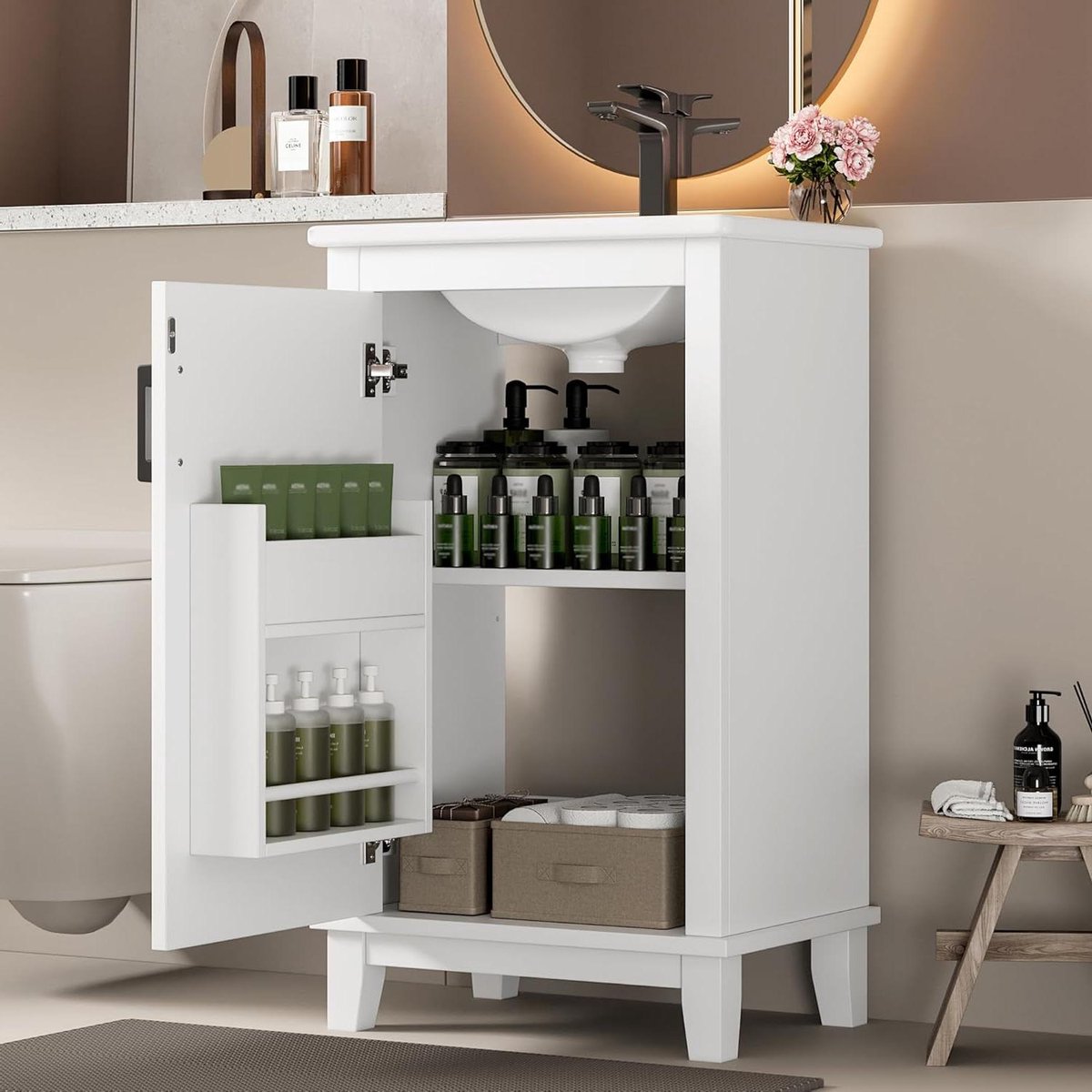 Badkamerkast met wastafel - Wastafelmeubel Staand - Badkamer Organiseren - Vochtbestendig Gelakt - 51 x 34 x 83 cm - Wit