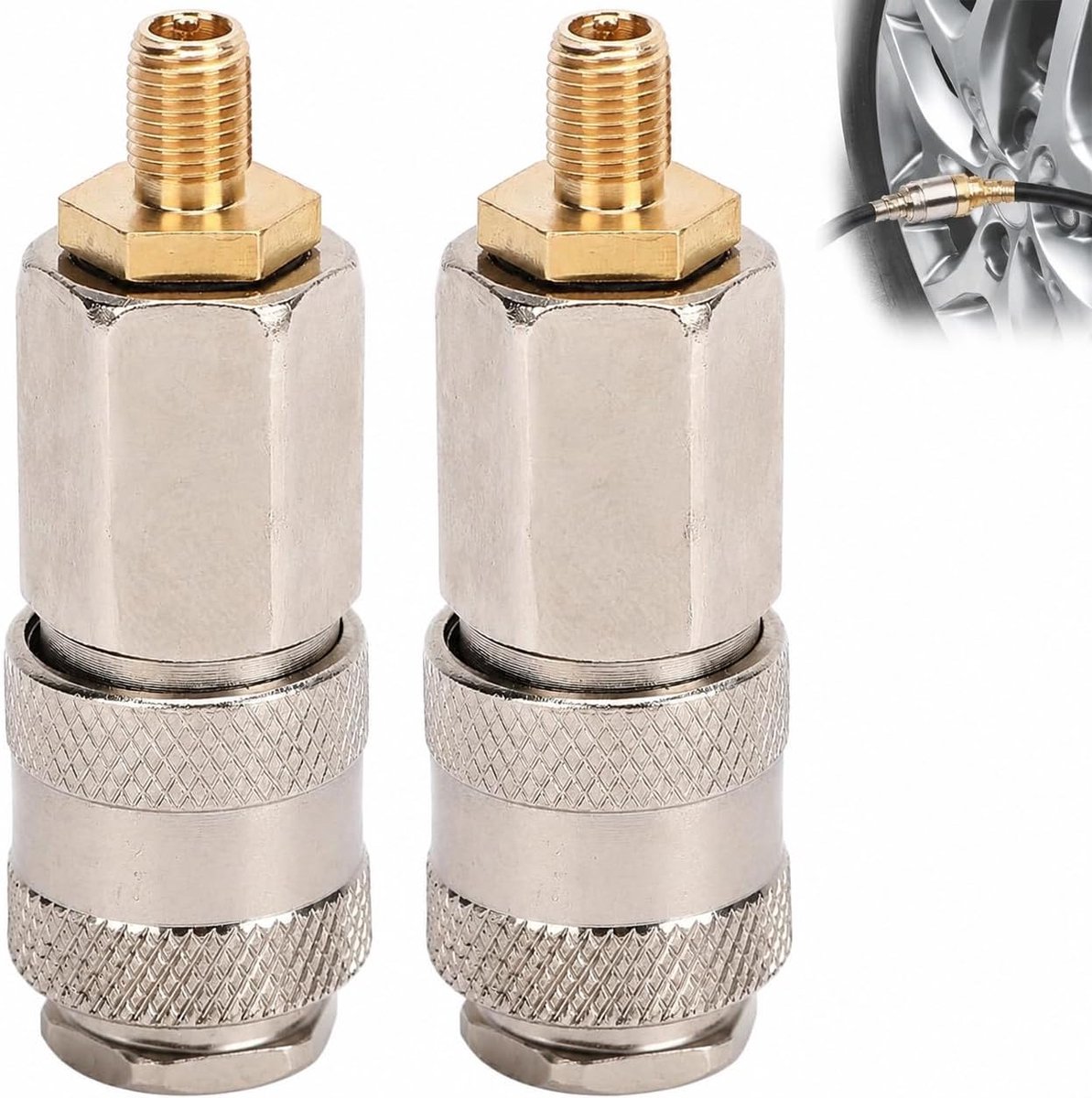 Luchtcompressoradapters 2-pack - Heavy-duty staal - 3-in-1 snelkoppeling - Snelle bandenopblazing - SnelShoppen