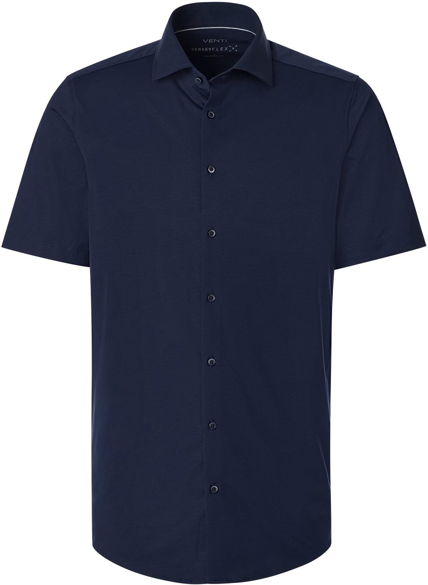 VENTI modern fit Jerseyflex overhemd - korte mouw - jersey - donkerblauw - Strijkvriendelijk - Boordmaat: 40 (EU maat: M)