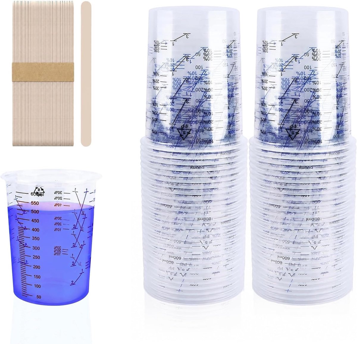 Mengbekers 600 ml - set van 50 stuks - transparant - ideaal voor kunstprojecten - SnelShoppen