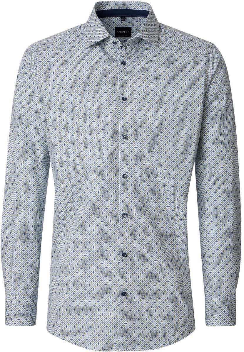 VENTI modern fit overhemd - popeline - wit - blauw - groen dessin - Strijkvrij - Boordmaat: 42 (EU maat: L)