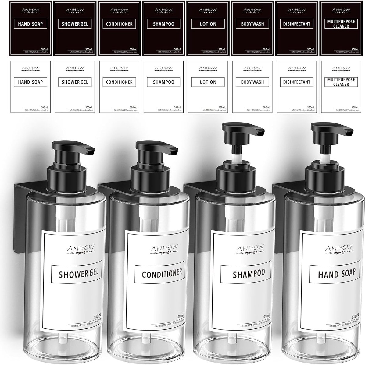 Zeepdispenser set van 4 - 500 ml - transparant - makkelijk te installeren zonder boren - SnelShoppen