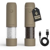 LARS NYSØM Elektrische Zout- en Pepermolen Set van 2, USB-C Oplaadbaar, Automatische Kruidenmolen, Instelbare Maalgraad, Keramisch Maalwerk, LED-licht, Navulbaar (Taupe Brown)