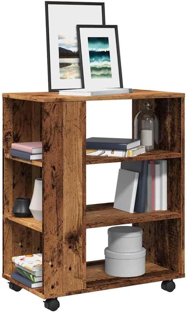 Oud houtlook 60x35x75 cm houtmateriaal met wielen en vergrendelbare wielen, archiefkast bijzetkast met open vakken en stabiel legplank,