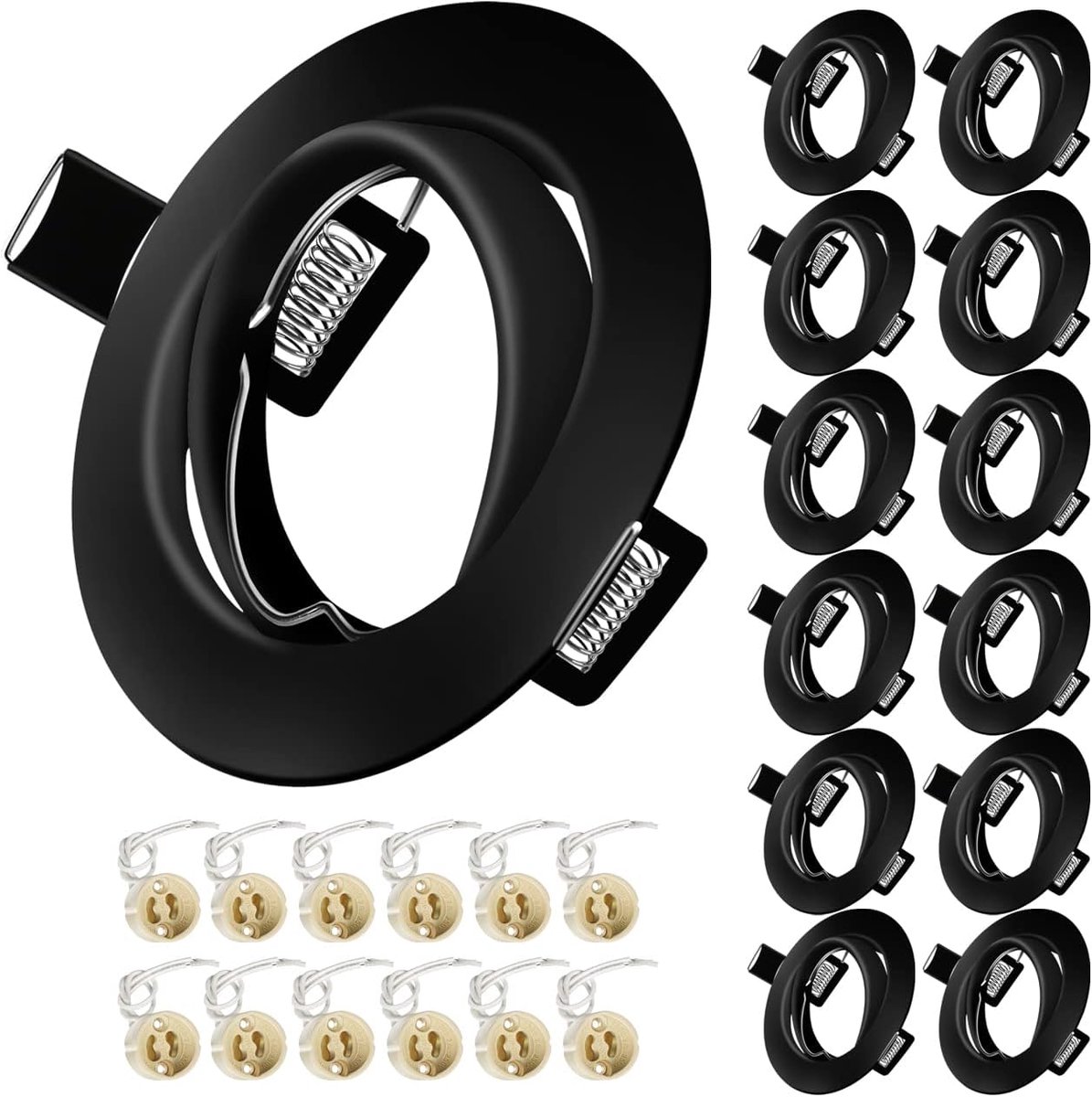 12x Inbouwspots GU10 Set - 12 Stuks Inbouwframes in Mat Zwart incl. GU10 Fitting Voor LED of Halogeen Lampen, Boorgat Ø68mm-80mm, 30° Draaibaar, Rond