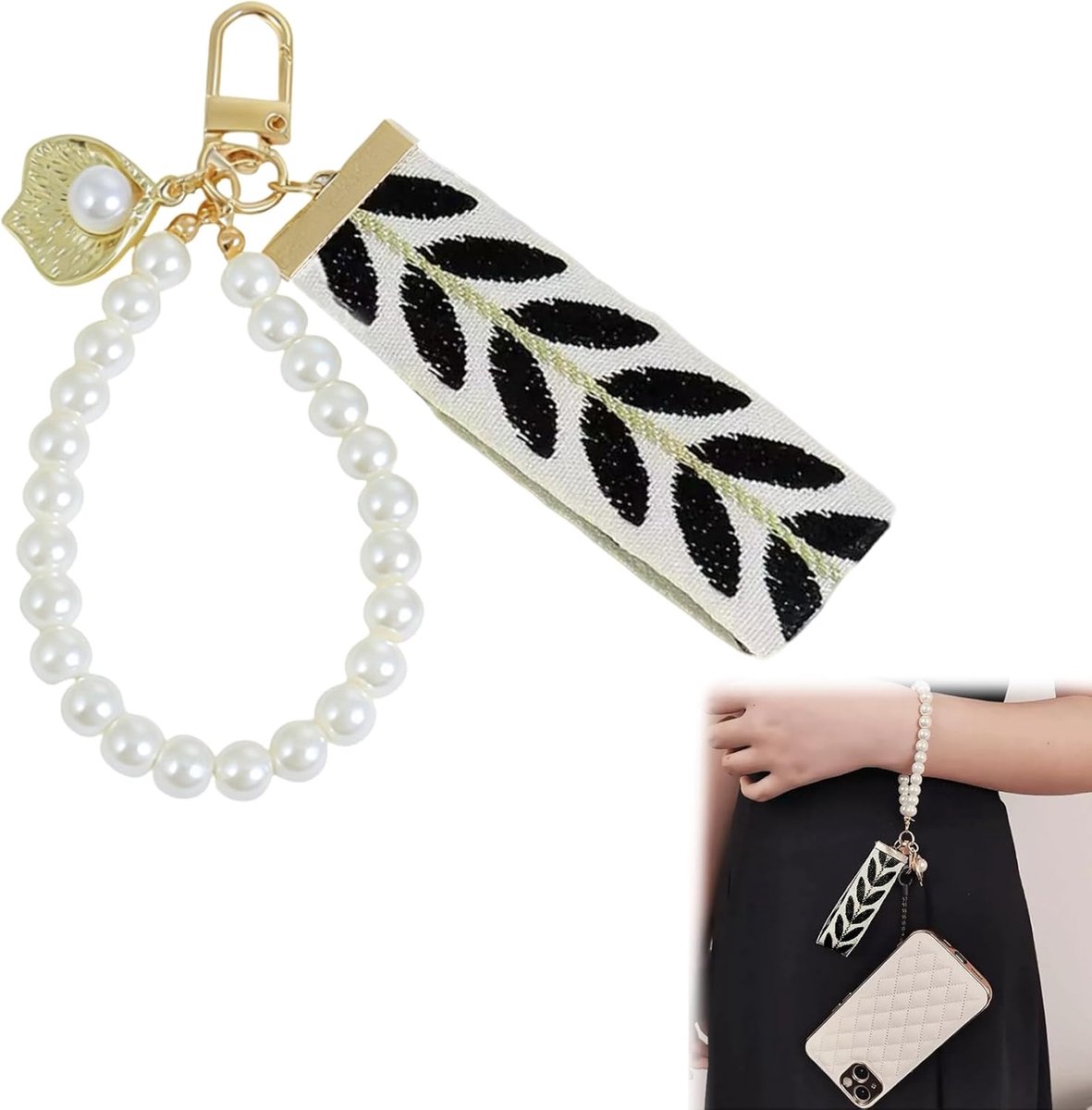 Parel Sleutelhanger voor Vrouwen – Zwarte Sleutelhanger met Sleutelring en Luxe Design – Esthetisch Accessoire voor Handtas, Sleutels en Meer