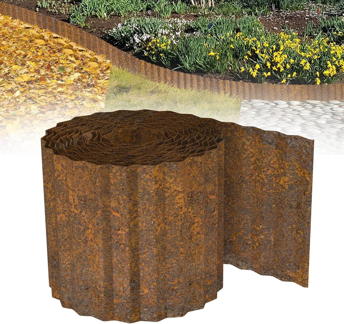Gazonrand, bloembegrenzing van metaal, 5 m, bloembedrand, verzinkt, gazonplaten, maaikank, flexibele gazonomranding, 18 cm hoog, roestkleuren