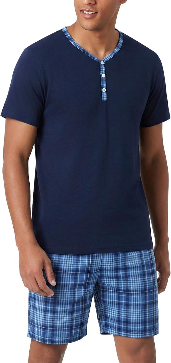 Zomerpyjama voor heren, katoen, set met korte mouwen en korte broek, nachtkleding met zakken en geruite shorts