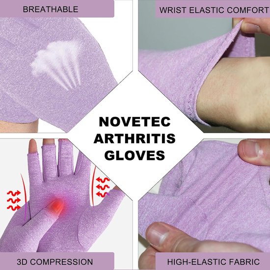 Handschoenen, vingerloze compressiehandschoenen voor dames en heren, polsondersteuning, reumatoïde artritis, osteoartritis, Raynaud-syndroom, ademend, typen, rijden, werk, lila, L — afbeelding 2