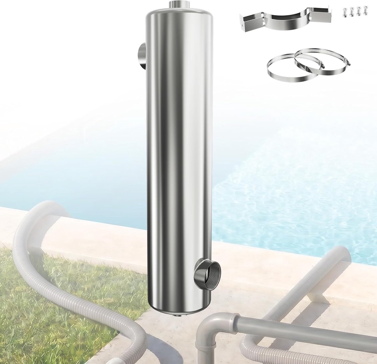 60 kW zwembadwarmtewisselaar, roestvrij staal, zwembadverwarming, warmtewisselaar voor zwembad, spa, whirlpool, krachtige zwembadverwarming zonder stroom, 57 x 12 cm, voor zout en zoet water