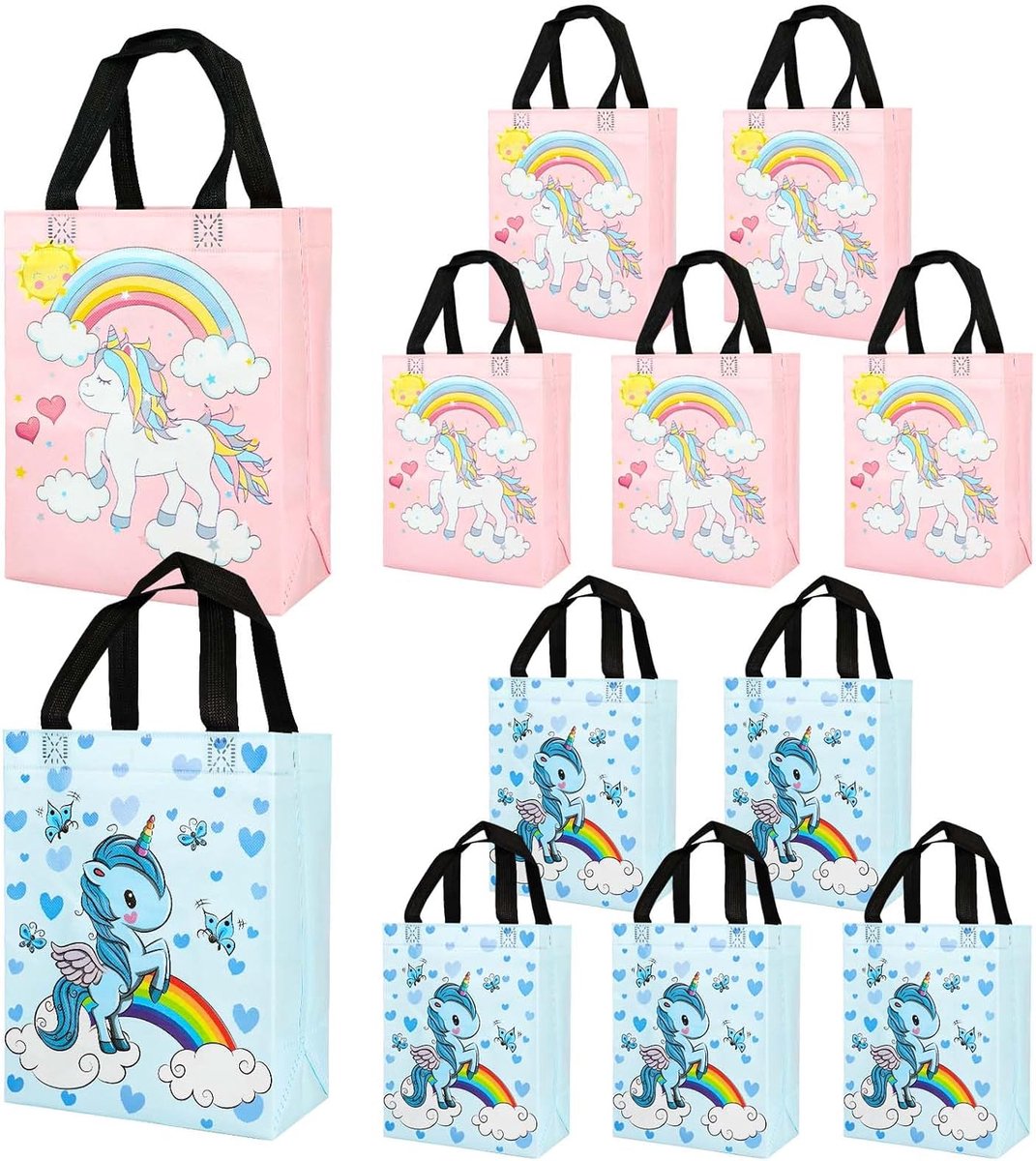 - 12 Eenhoorn Feesttasjes voor Kinderfeestjes, Goodiebags met Verstevigde Bodem & Handvatten, Cadeautjes voor Jongens en Meisjes (6 Roze, 6 Blauw 20x25x10 cm)