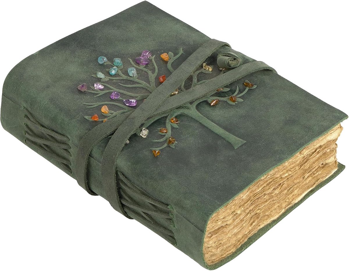 Reisdagboek van groen leer met levensboom en handgemaakt katoenpapier, perfect als leren notitieboek, dagboek en notitieboek, vintage leer, 21 x 16 cm