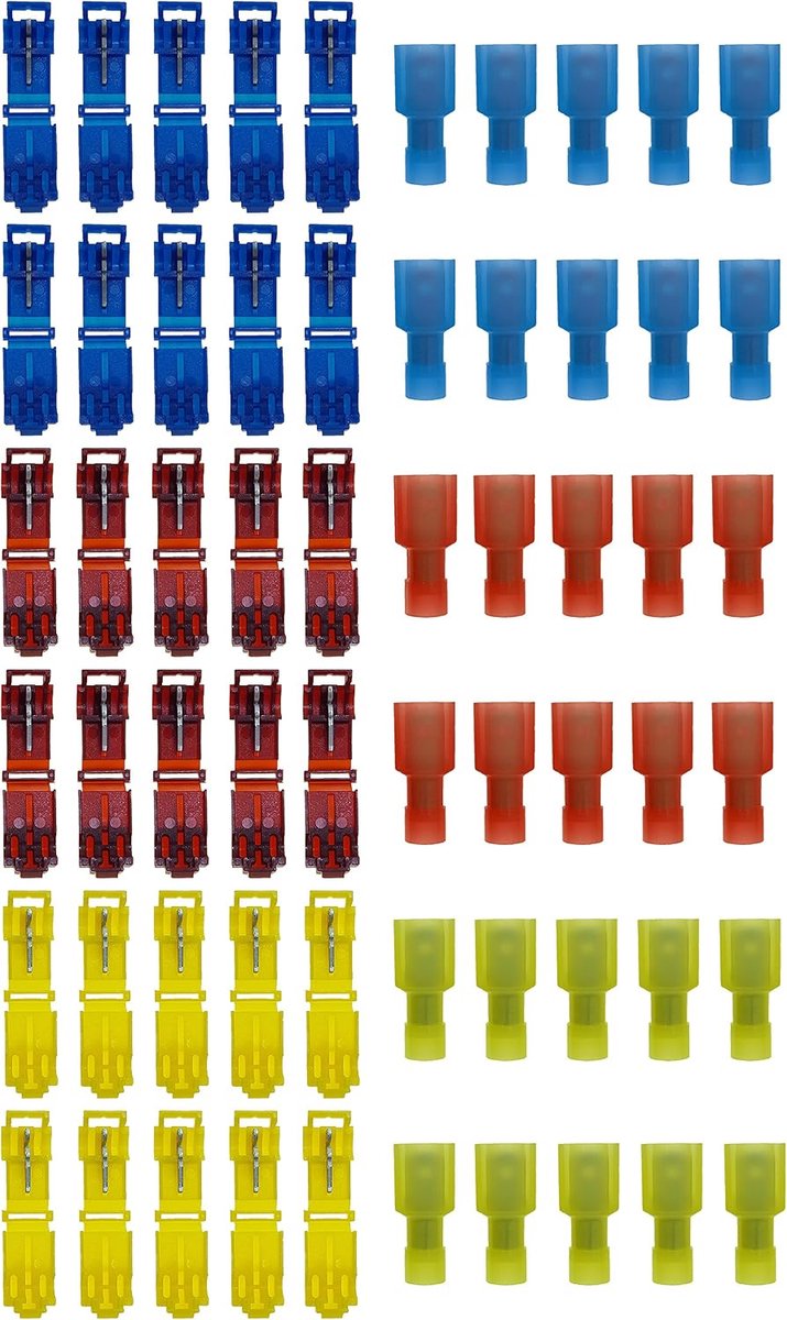 Snelverbinder, 30 x T-snelkoppeling + 30 x volledig geïsoleerde platte stekker