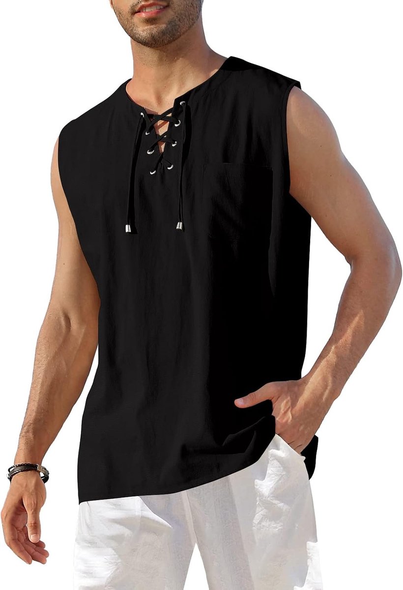 Mouwloos Henley-shirt van linnen-katoenmix voor heren, vetersluiting, casual, strand, hippie