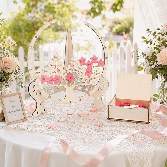 Gastenboek voor bruiloft, hout, met inlegdoos en 80 houten bloemen, gepersonaliseerd bruiloftsgastenboek voor bruiloftsdecoratie, babyshower, jubileum, verjaardagsdecoratie — afbeelding 3